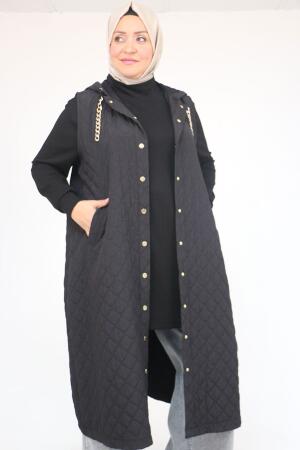 54008-1 Büyük Beden Zincir Kordonlu Modal-Kapitone Yelek - Siyah - (1)