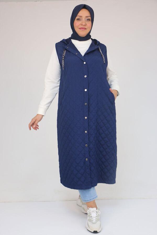 54008 Büyük Beden Zincir Kordonlu Modal-Kapitone Yelek - İndigo - 1