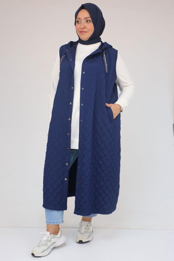 54008 Büyük Beden Zincir Kordonlu Modal-Kapitone Yelek - İndigo - 2