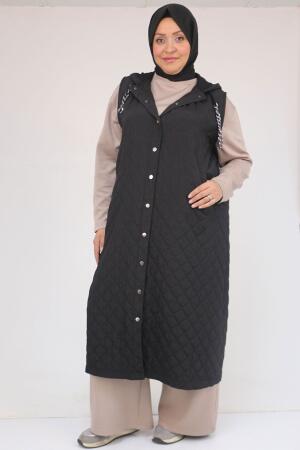 54008 Büyük Beden Zincir Kordonlu Modal-Kapitone Yelek - Siyah - 