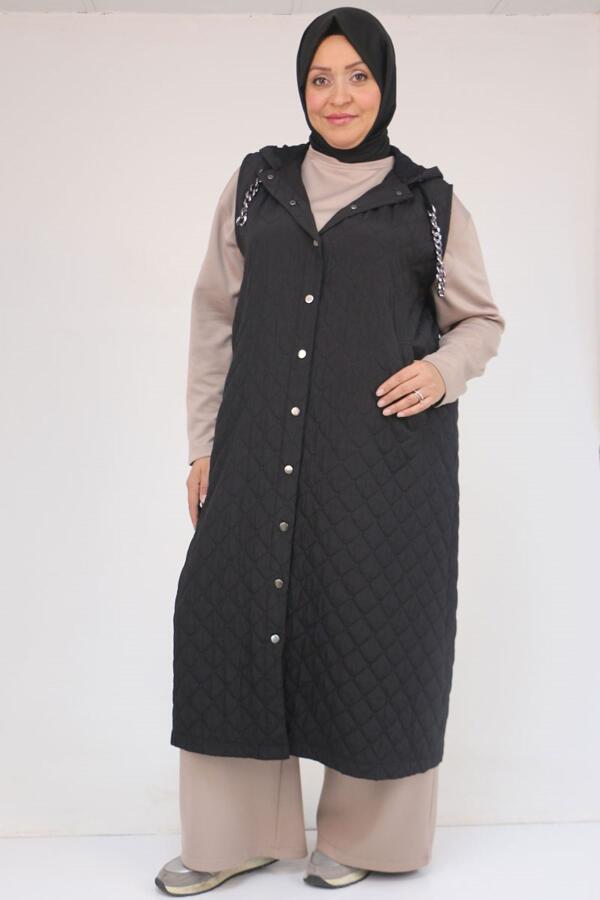 54008 Büyük Beden Zincir Kordonlu Modal-Kapitone Yelek - Siyah - 1