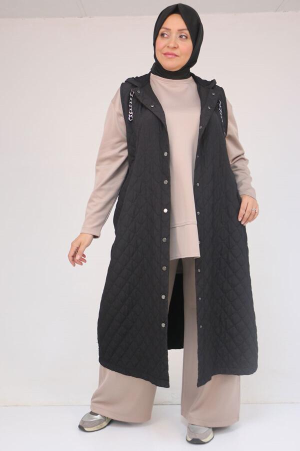 54008 Büyük Beden Zincir Kordonlu Modal-Kapitone Yelek - Siyah - 2