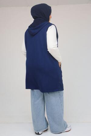 54011 Büyük Beden Cepleri Fermuarlı Modal - Kapitone Yelek - İndigo - 3