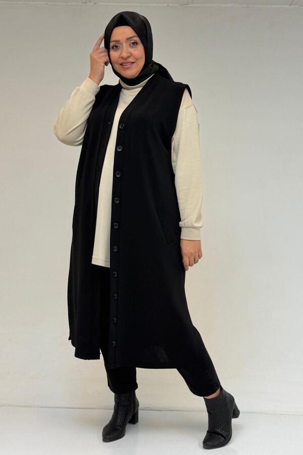 54016 Büyük Beden Yırtmaçlı Uzun Çelik Yelek - Siyah - 1