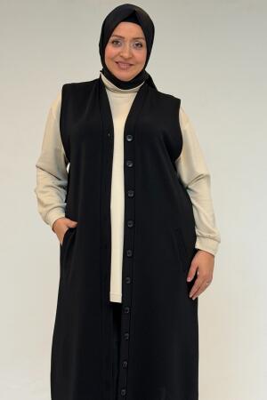 54016 Büyük Beden Yırtmaçlı Uzun Çelik Yelek - Siyah - (1)