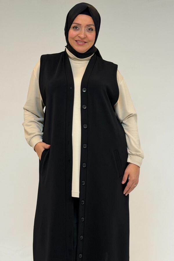 54016 Büyük Beden Yırtmaçlı Uzun Çelik Yelek - Siyah - 2