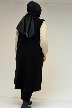 54016 Büyük Beden Yırtmaçlı Uzun Çelik Yelek - Siyah - 3