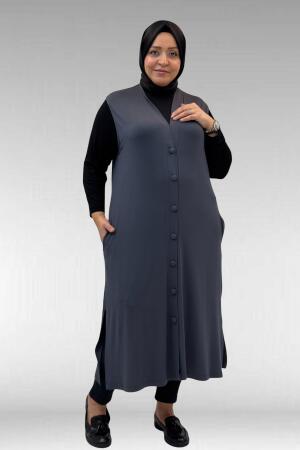 54017 Büyük Beden Kaplama Düğmeli Giy-Çık Penye Yelek - Antrasit - 