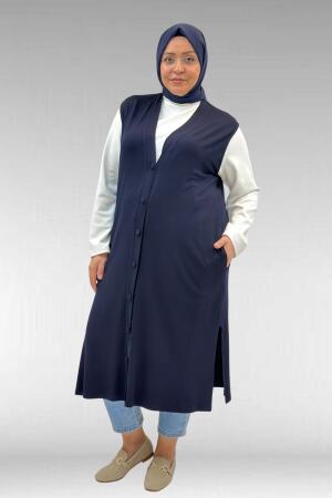 54017 Büyük Beden Kaplama Düğmeli Giy-Çık Penye Yelek - Lacivert - 