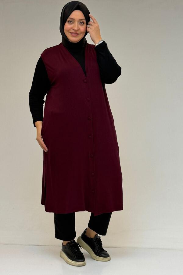 54017 Büyük Bedenkaplama Düğmeli Giy-Çık Penye Yelek - Bordo - 1