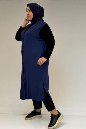 54017 Büyük Bedenkaplama Düğmeli Giy-Çık Penye Yelek - İndigo - 1