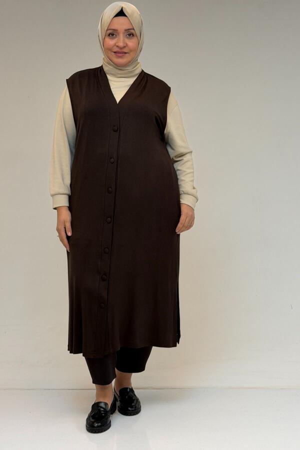 54017 Büyük Bedenkaplama Düğmeli Giy-Çık Penye Yelek - Kahve - 1