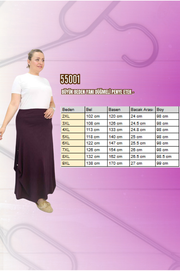 55001 Büyük Beden Yanı Düğmeli Penye Etek - Mürdüm - 2