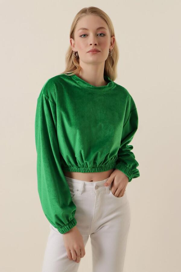 55392 Kadife Crop Bluz - Yeşil - 1