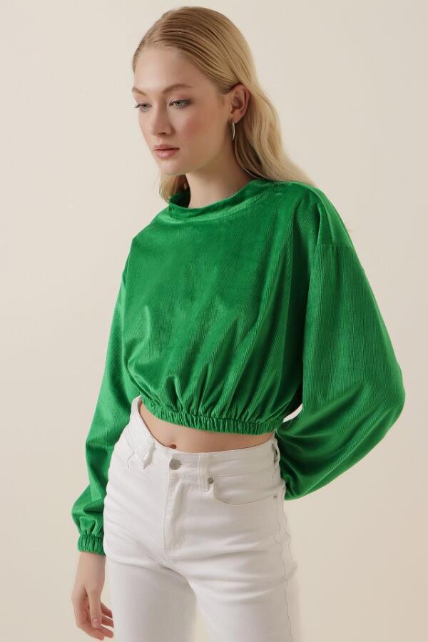 55392 Kadife Crop Bluz - Yeşil - 2