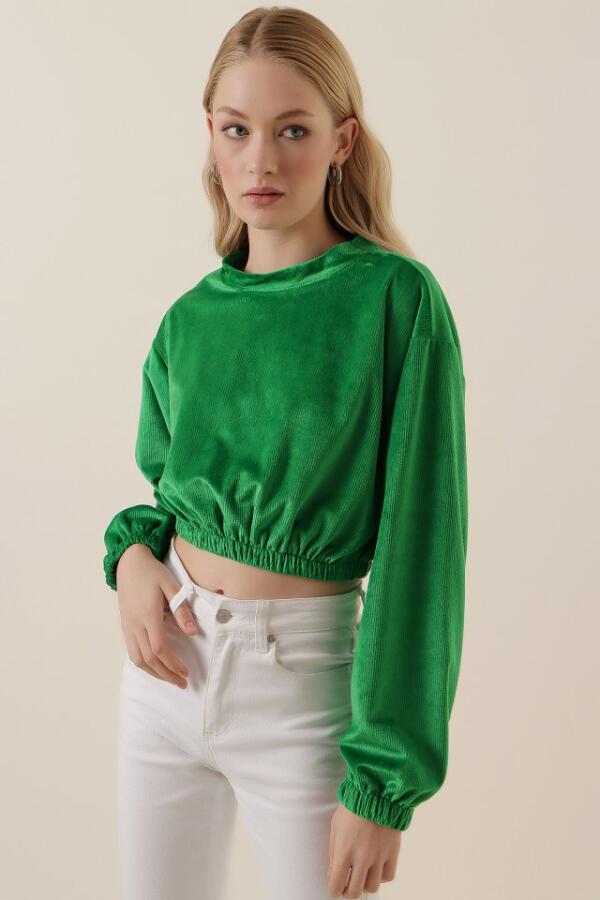 55392 Kadife Crop Bluz - Yeşil - 3