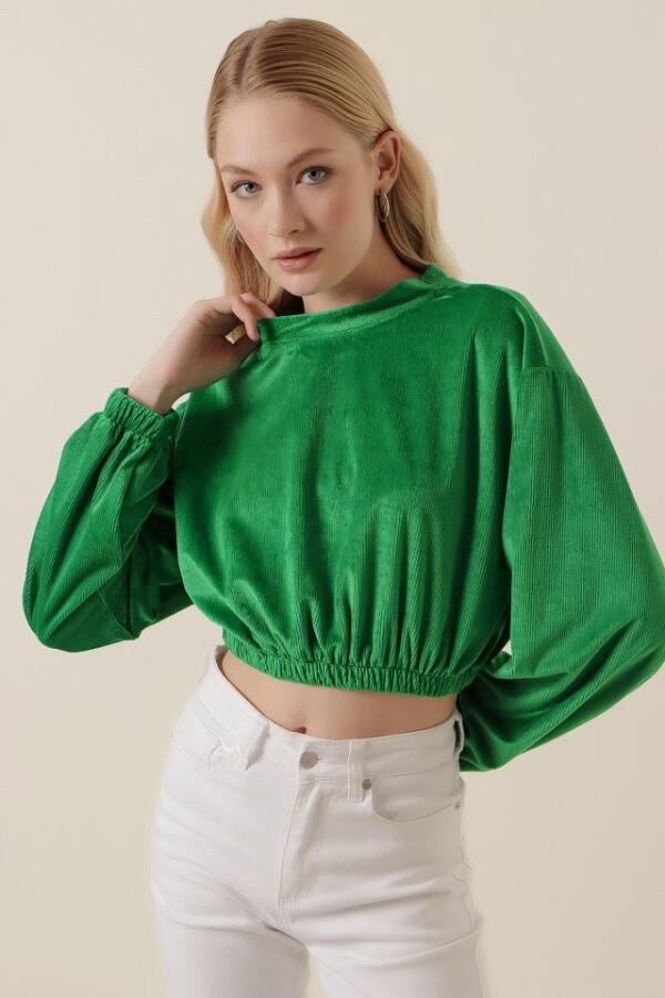 55392 Kadife Crop Bluz - Yeşil - 4