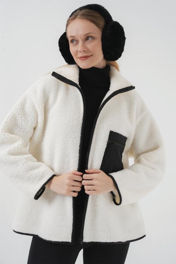 55446 Fermuarlı Oversize Peluş Ceket Mont - D. Siyah - 1