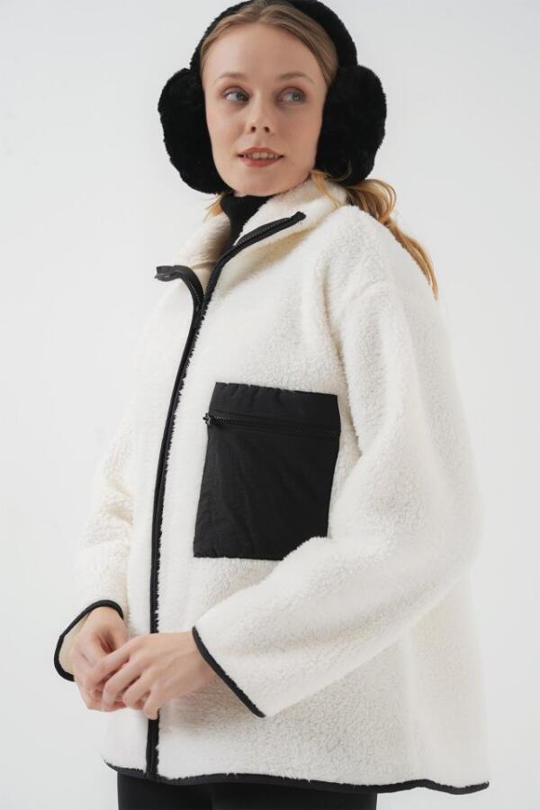 55446 Fermuarlı Oversize Peluş Ceket Mont - D. Siyah - 3