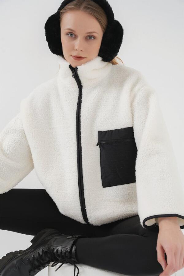 55446 Fermuarlı Oversize Peluş Ceket Mont - D. Siyah - 4
