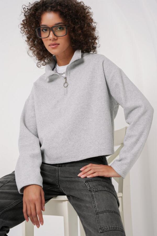 55449 Fermuarlı Yaka Örme Sweatshirt - Gri - 1