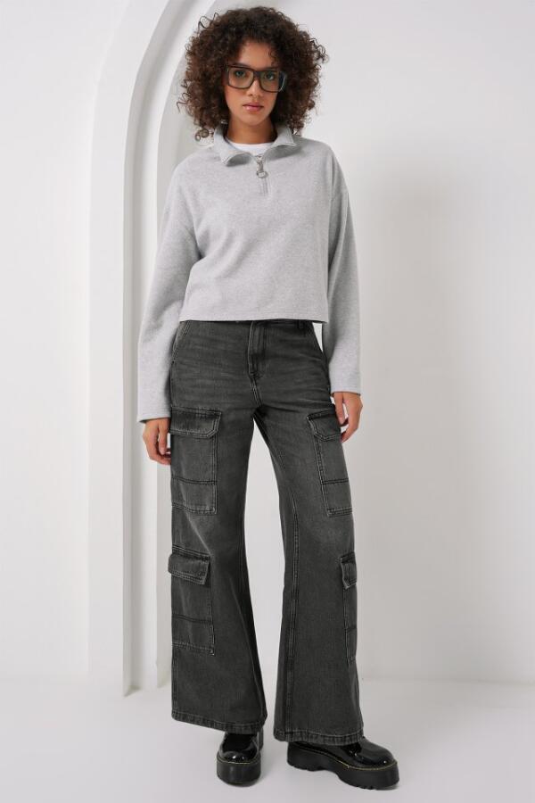 55449 Fermuarlı Yaka Örme Sweatshirt - Gri - 2