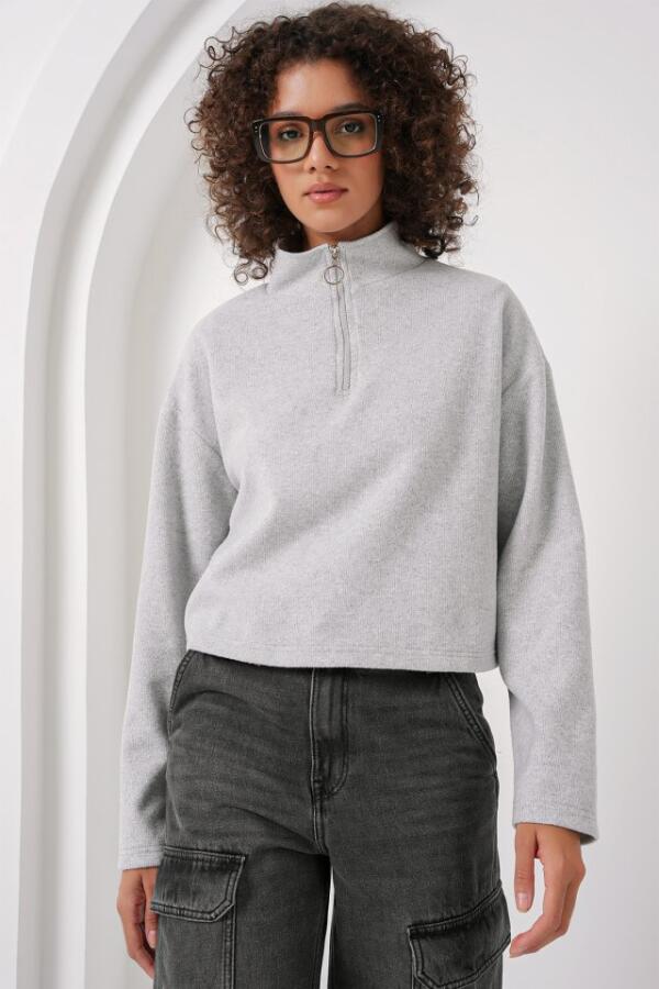 55449 Fermuarlı Yaka Örme Sweatshirt - Gri - 3