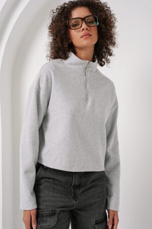 55449 Fermuarlı Yaka Örme Sweatshirt - Gri - 4