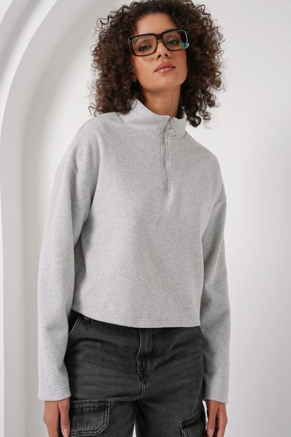 55449 Fermuarlı Yaka Örme Sweatshirt - Gri - 4
