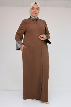 56005 Büyük Beden Kol Garnili Etamin Abaya Ferace - Kahve - 1