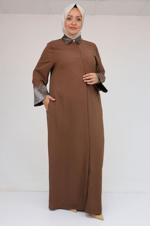 56005 Büyük Beden Kol Garnili Etamin Abaya Ferace - Kahve - 1