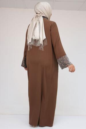 56005 Büyük Beden Kol Garnili Etamin Abaya Ferace - Kahve - 2