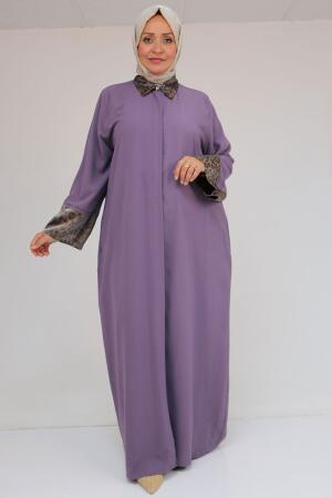 56005 Büyük Beden Kol Garnili Etamin Abaya Ferace - Lila - 1
