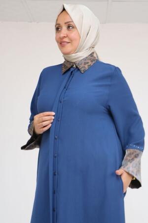 56005 Büyük Beden Kol Garnili Etamin Abaya Ferace - Petrol - 2