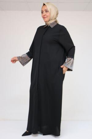 56005 Büyük Beden Kol Garnili Etamin Abaya Ferace - Siyah - 2