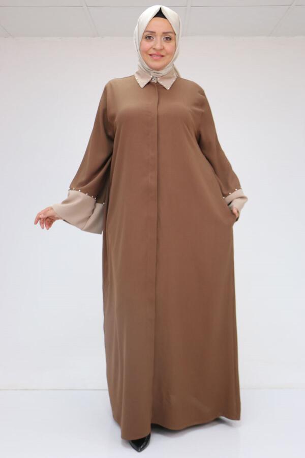 56008 Büyük Beden Kol Garnili Etamin Abaya Ferace - Kahve - Vizon - 1