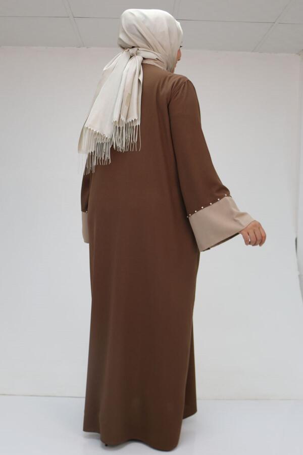 56008 Büyük Beden Kol Garnili Etamin Abaya Ferace - Kahve - Vizon - 3