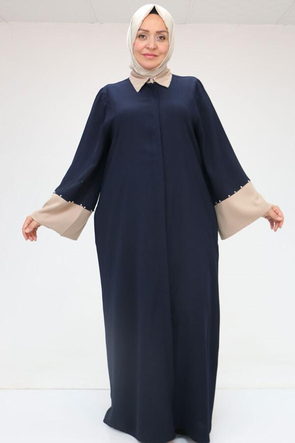 56008 Büyük Beden Kol Garnili Etamin Abaya Ferace - Lacivert-Vizon - 1