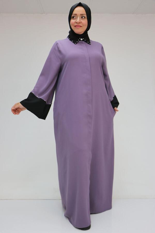 56008 Büyük Beden Kol Garnili Etamin Abaya Ferace - Lila-Siyah - 1
