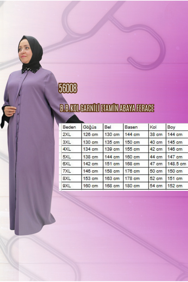 56008 Büyük Beden Kol Garnili Etamin Abaya Ferace - Lila-Siyah - 2