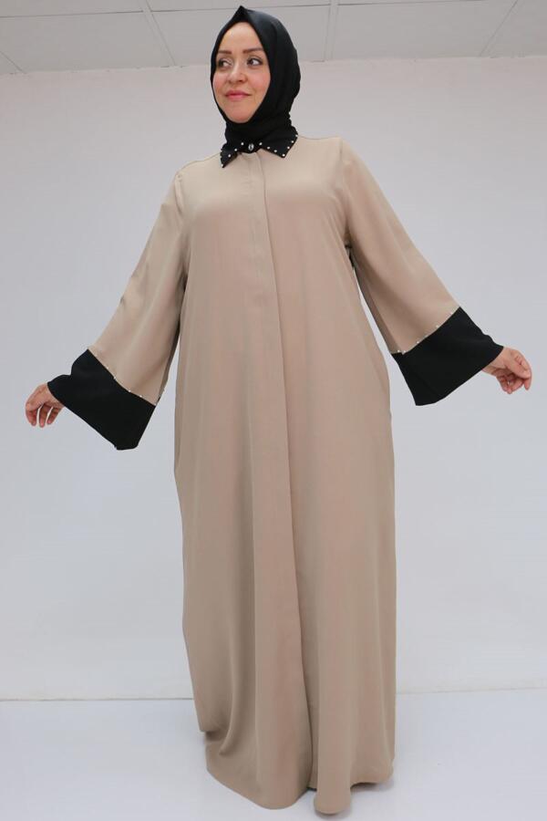 56008 Büyük Beden Kol Garnili Etamin Abaya Ferace - Siyah-Vizon - 1