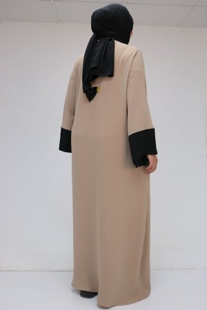 56008 Büyük Beden Kol Garnili Etamin Abaya Ferace - Siyah-Vizon - 3