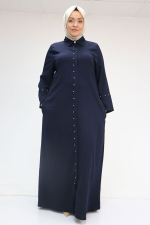 56012 Büyük Beden Kol Garnili Etamin Abaya Ferace - Lacivert - 1