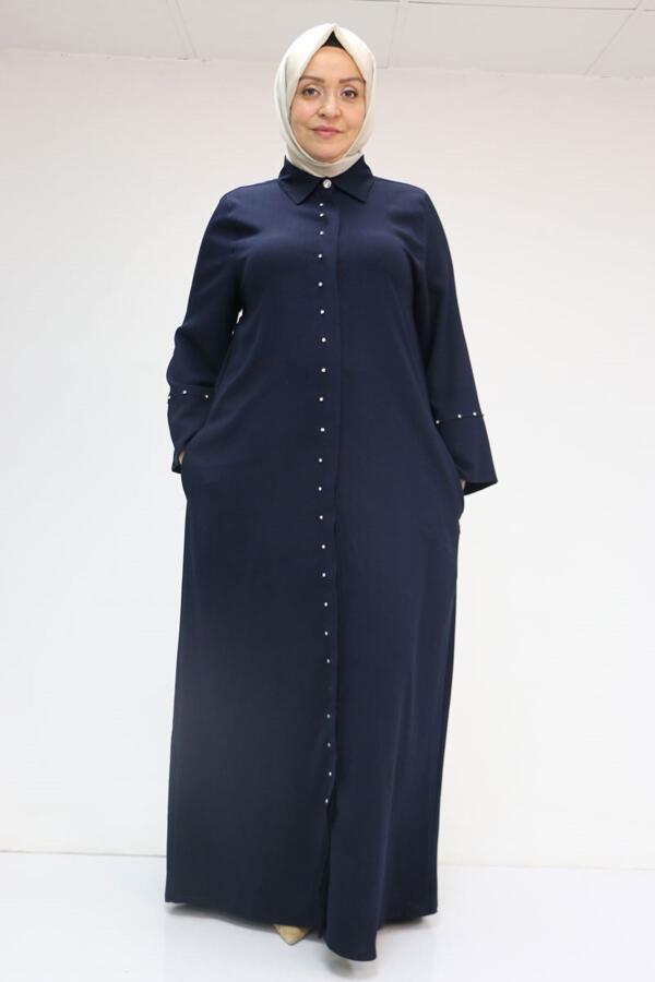 56012 Büyük Beden Kol Garnili Etamin Abaya Ferace - Lacivert - 1