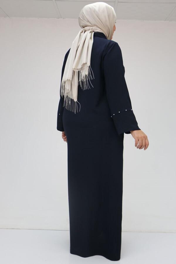 56012 Büyük Beden Kol Garnili Etamin Abaya Ferace - Lacivert - 3
