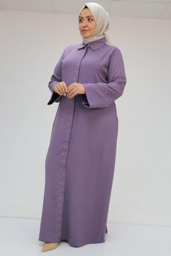 56012 Büyük Beden Kol Garnili Etamin Abaya Ferace - Lila - 1