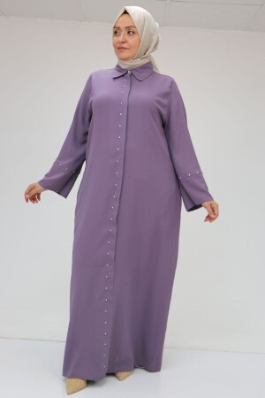 56012 Büyük Beden Kol Garnili Etamin Abaya Ferace - Lila - 3