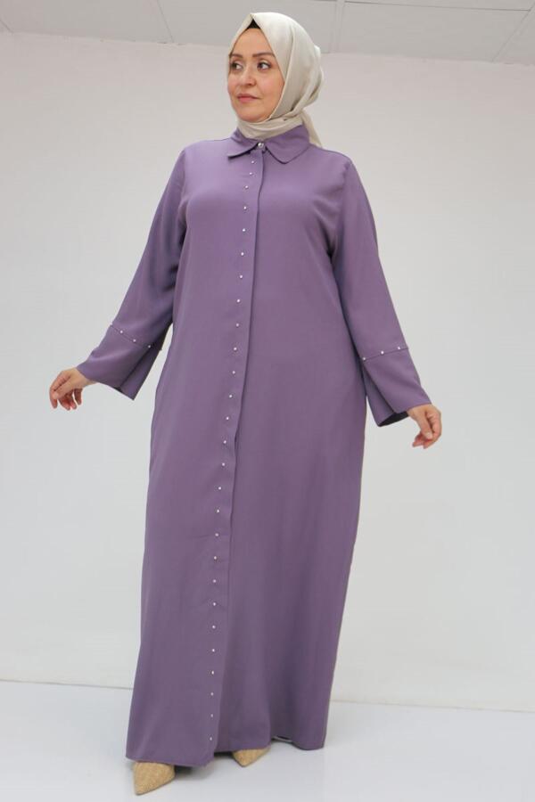 56012 Büyük Beden Kol Garnili Etamin Abaya Ferace - Lila - 3