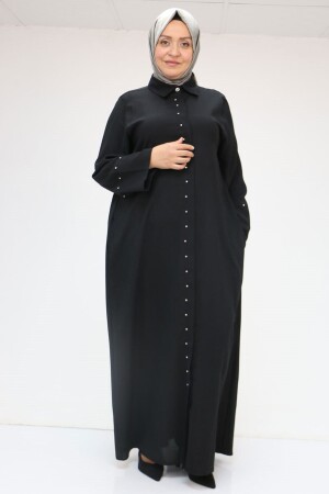 56012 Büyük Beden Kol Garnili Etamin Abaya Ferace - Siyah - 1