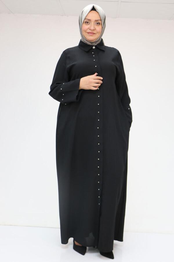 56012 Büyük Beden Kol Garnili Etamin Abaya Ferace - Siyah - 1